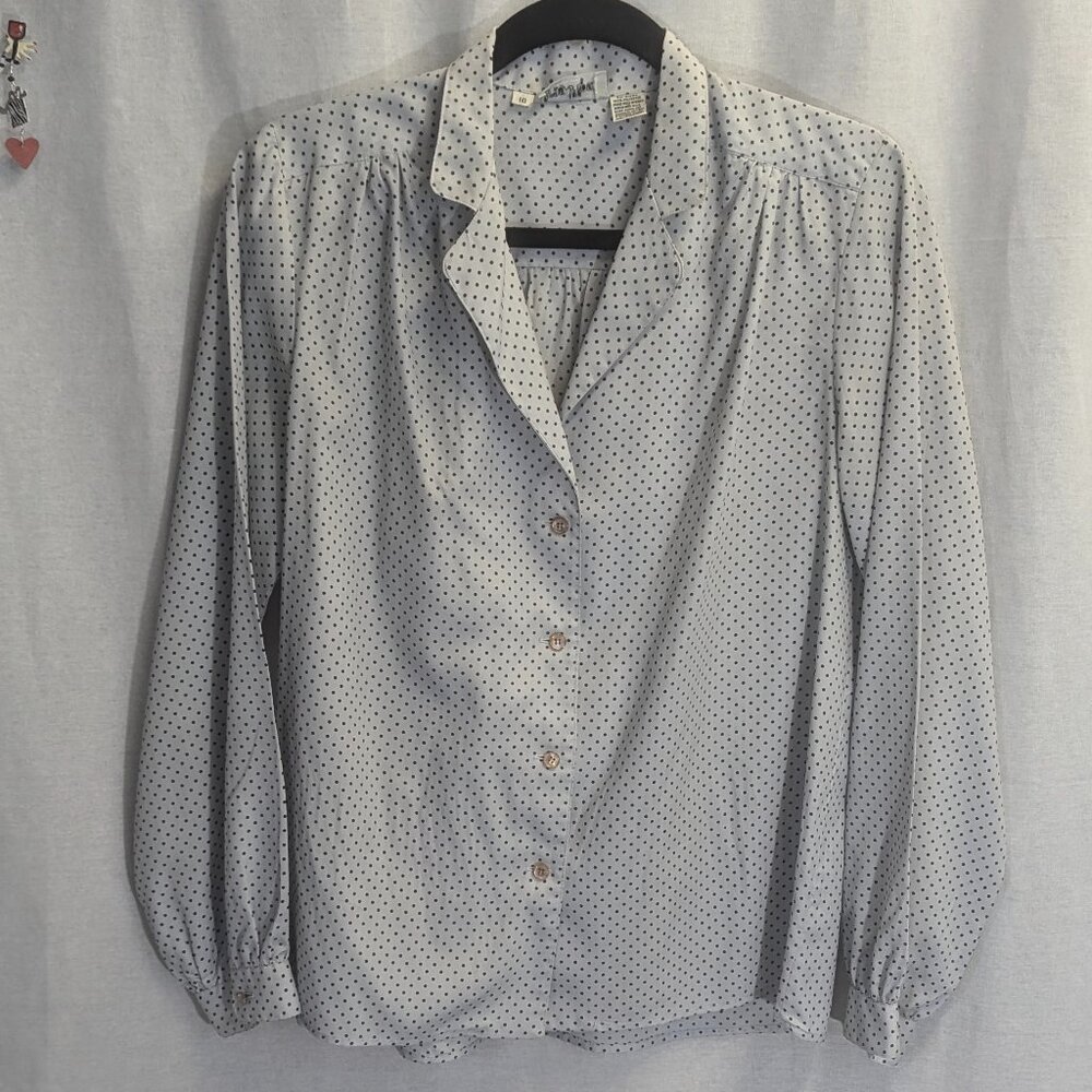 Vintage Evan Picone Blouse Size 10 Gray w/ Black Polka Dots